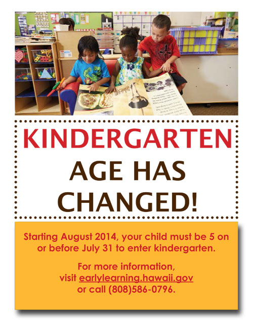 Starting 8/2014 your child must be 5 years old before starting Kindergarten